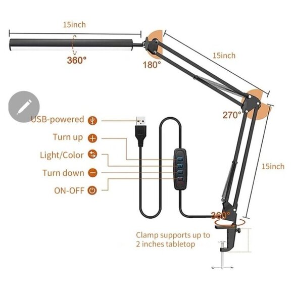 LED Adjustable Swing Arm Eye-Caring Reading Desk Lamp (Black) - Picture 3 of 9